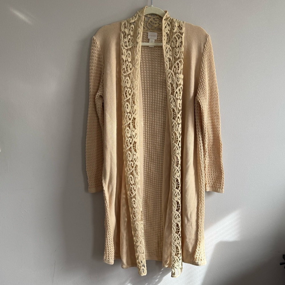Chico's Beige Open Crochet Knit Cardigan Duster women size 2